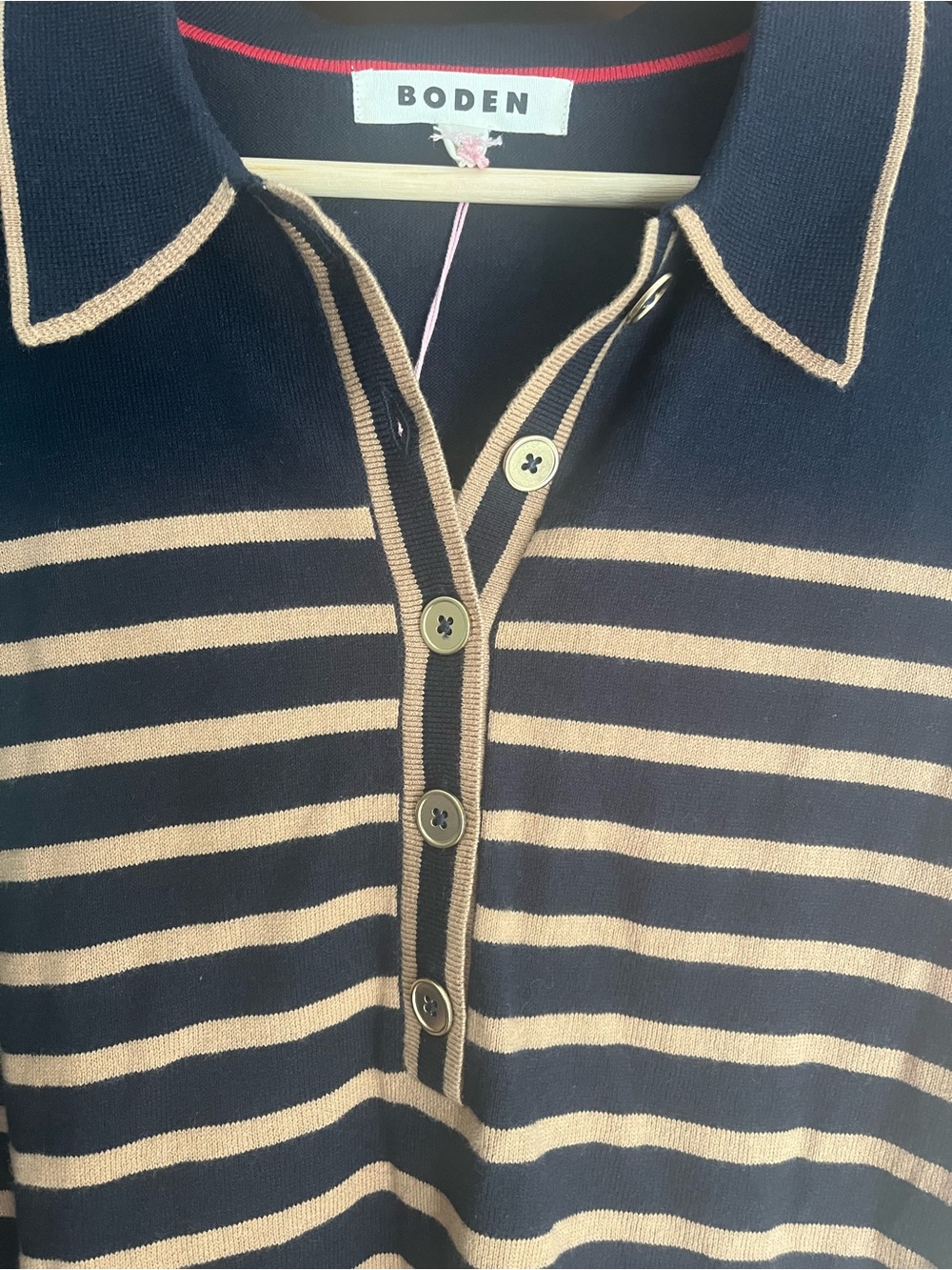 Boden NWT Liz Henley Navy and Tan Striped V‑Neck Polo Cotton Wool Blend Sweater - Picture 4 of 15